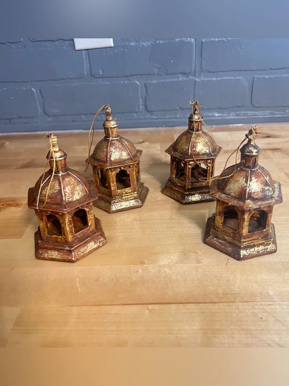 3”x5” Miniature Bell Lanterns Christmas Ornament Lot Gold/Bronze Finish (4)